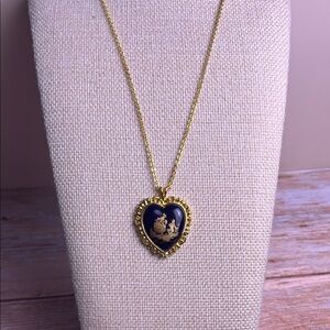 Limoges Porcelain and Enamel Gold Tone Cameo Heart Necklace Circa 1950s